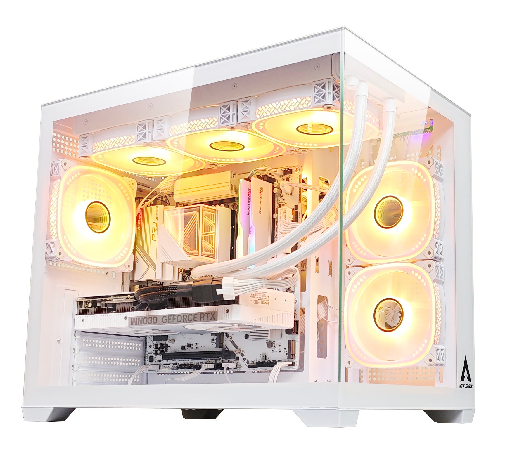 NEWLEAGUE ゲーミングデスクトップパソコン Core i7 14700F / RTX5070Ti / 32GB / NVMe SSD 1TB / 750W電源ユニット / Windows 11 Pro/WPS Office ミドルタワーモデル NGI714-RTX47650 (RTX5070Ti GDDR7 16GB, 水冷クーラー搭載white editionモデル)