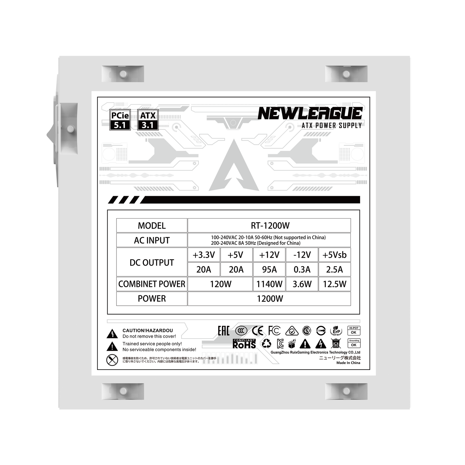 NEWLEAGUE RT1200 ゲーミングPC用電源, 1200W, ATX3.1, PCIe 5.1, 80 PLUS Gold認証, フルモジュラー (ホワイト, 1200W)