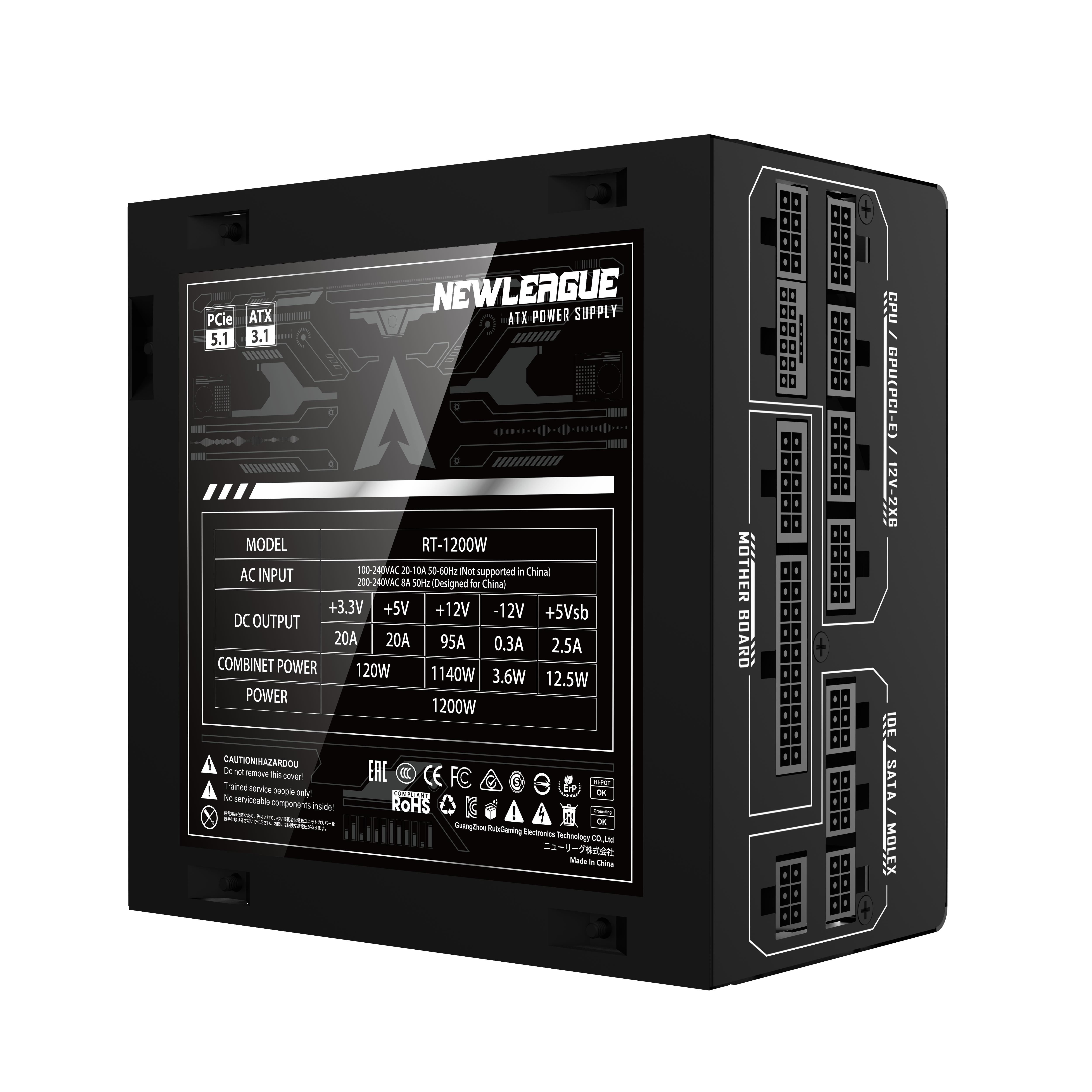NEWLEAGUE RT1200 ゲーミングPC用電源, 1200W, ATX3.1, PCIe 5.1, 80 PLUS Gold認証, フルモジュラー (ブラック, 1200W)