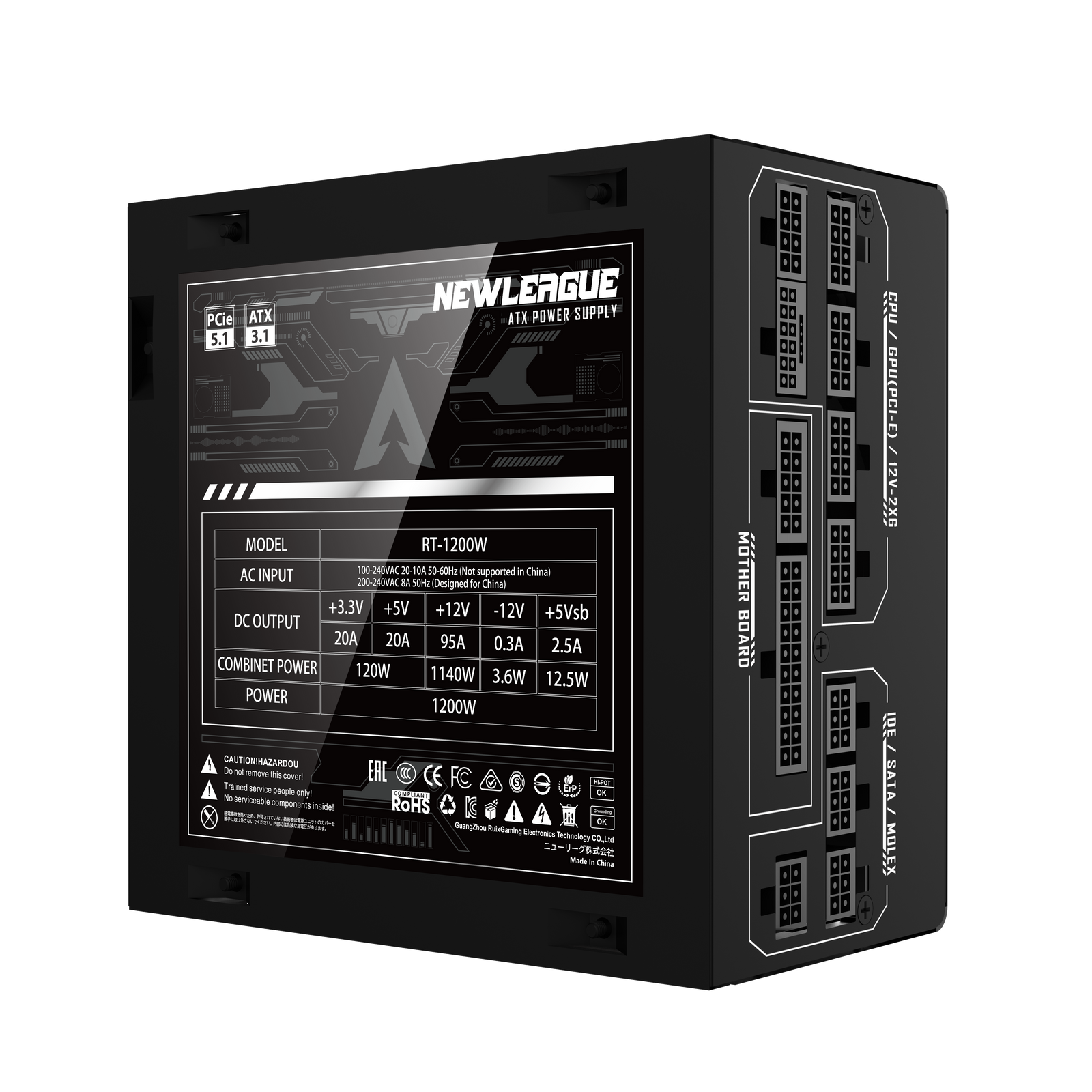 NEWLEAGUE RT1200 ゲーミングPC用電源, 1200W, ATX3.1, PCIe 5.1, 80 PLUS Gold認証, フルモジュラー (ブラック, 1200W)