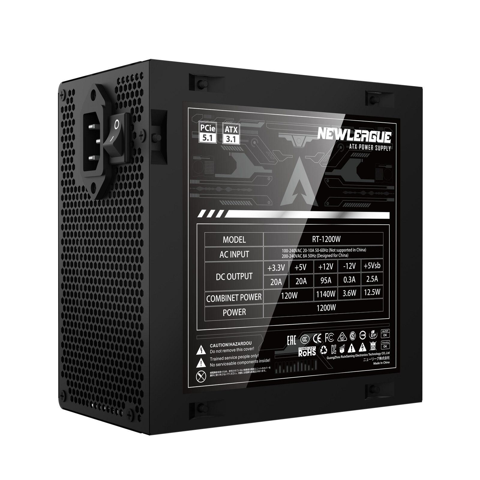 NEWLEAGUE RT1200 ゲーミングPC用電源, 1200W, ATX3.1, PCIe 5.1, 80 PLUS Gold認証, フルモジュラー (ブラック, 1200W)