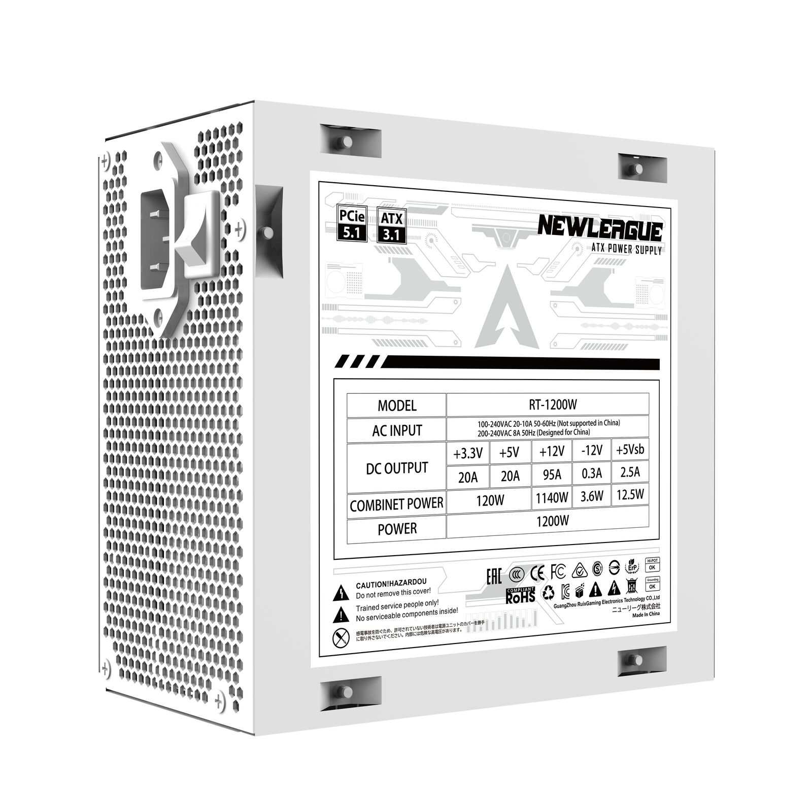 NEWLEAGUE RT1200 ゲーミングPC用電源, 1200W, ATX3.1, PCIe 5.1, 80 PLUS Gold認証, フルモジュラー (ホワイト, 1200W)