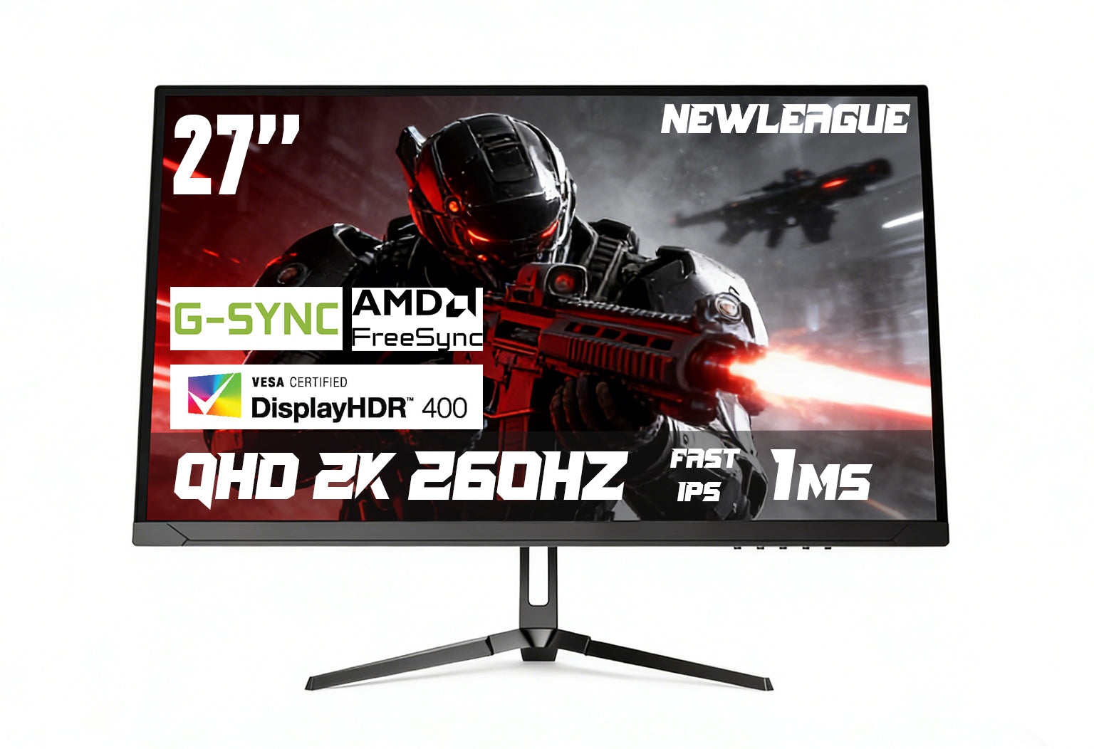 NEWLEAGUE ゲーミングモニター 27インチ 2K QHD(2560×1440), FAST IPSパネル, 260Hz，応答速度1ms,FreeSync＆G-Sync対応, 120％sRGB, HDR400認証, 低ブルーライト,フリッカーフリー, HDMI2.0×2 / DP1.4×2 ，3年保証 HYPER 27Q24O 固定型スタンド
