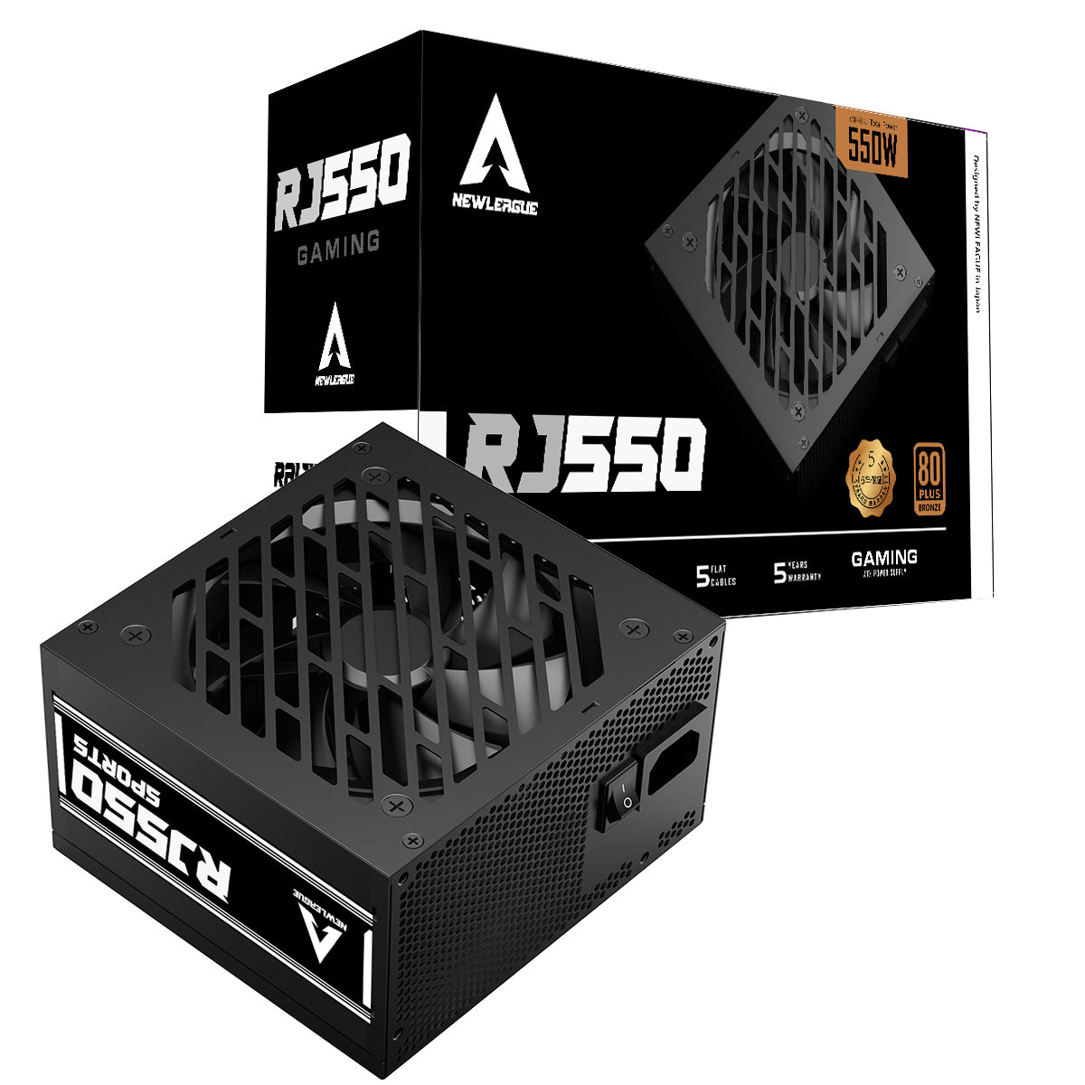 NEWLEAGUE RJ GAMING シリーズ 電源ユニット, 550W, 80PLUS BRONZE認証, 直付けモデル【5年保証】 ブラック RJ550BK
