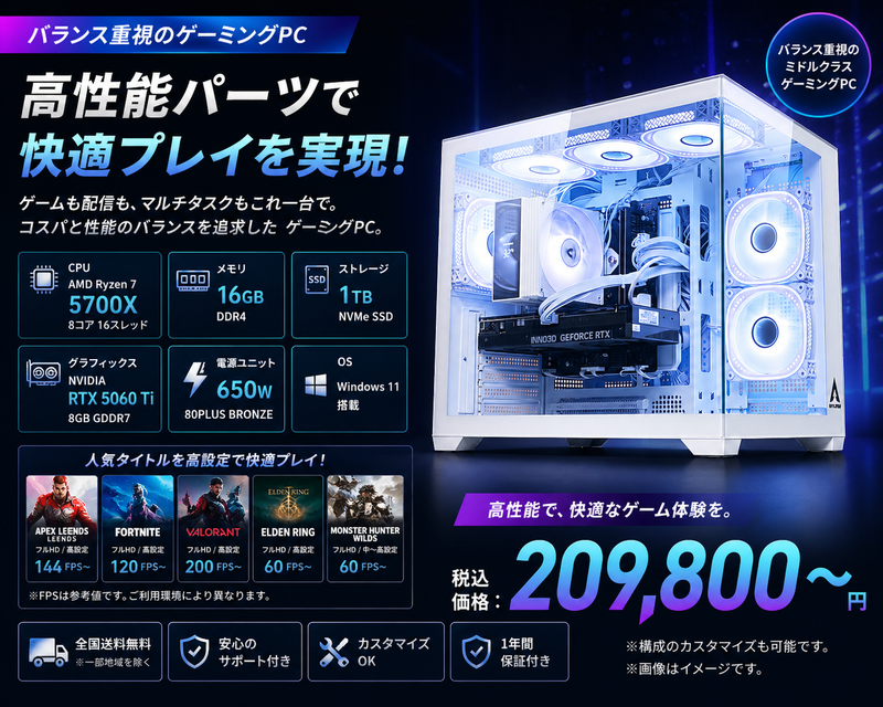 ハイパフォーマンスモデル｜Ryzen 7 5700X × RTX 5060 Ti｜16GB・1TB SSD